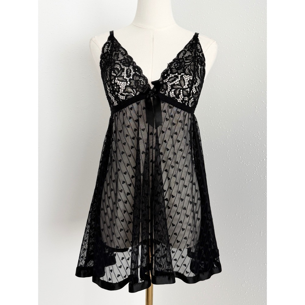 Black Sheer Heart Lace Babydoll Flowy Top Dark Coquette Y2K Fairy (XL)